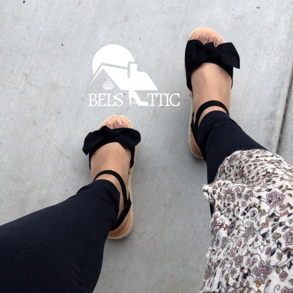 Black open Toe Bow Espadrille Flatform Sandals - Picture 4 of 6